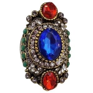 Statement Cocktail Ring Size 11 Gold Blue red Vintage Style Bohemian large